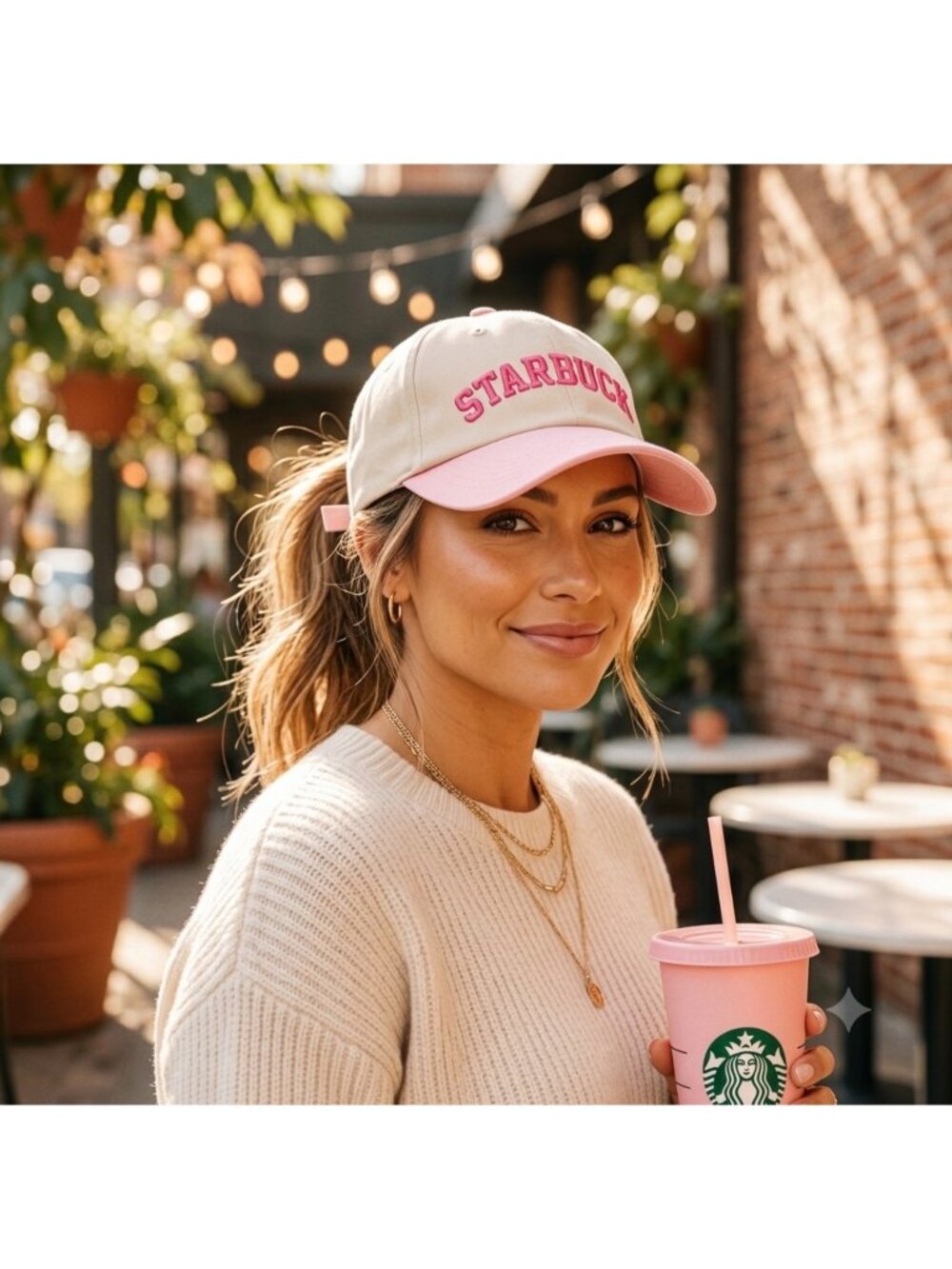 Starbucks Beige & Pink Baseball Cap With Embroidered Logo Adjustable Strapback N